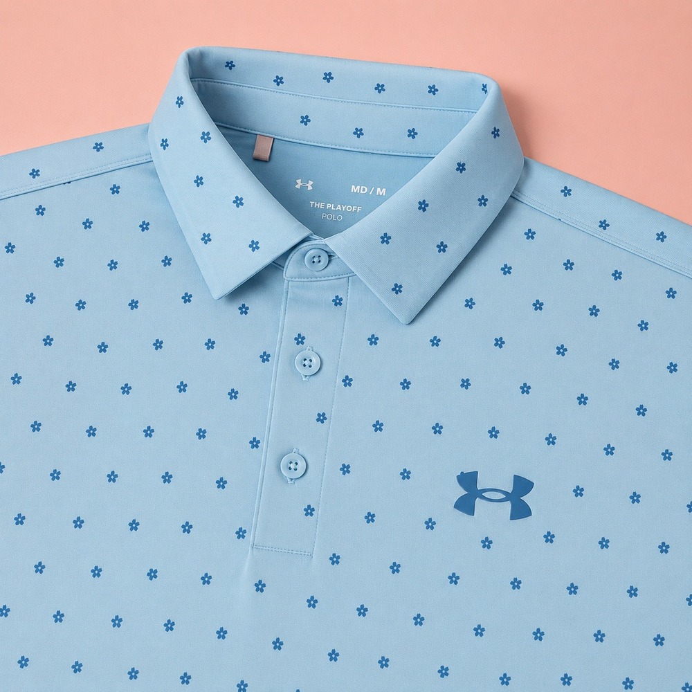 Under Armour The Playoff Polo Mens Medium Light Blue Floral Star Print Short Slv